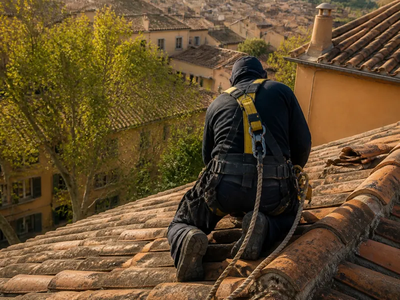Couvreur au travail sur le toit d’une maison de ville aixoise