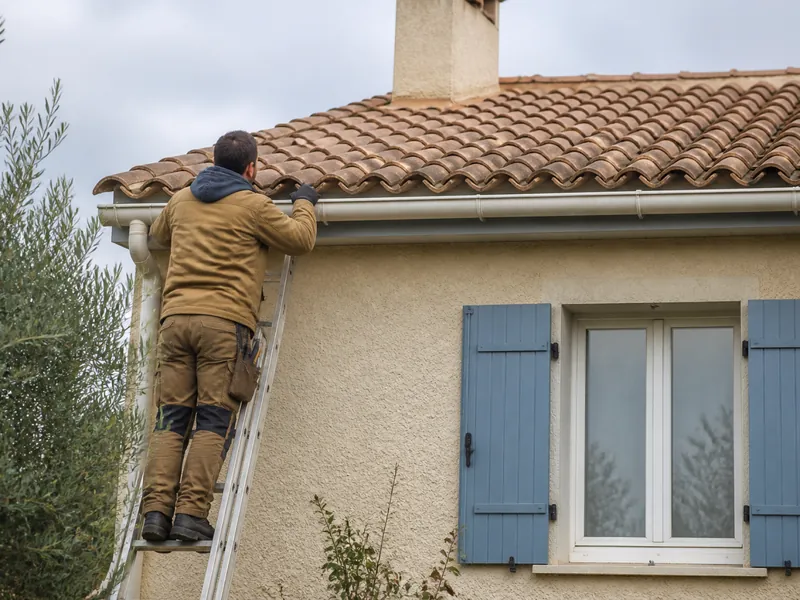 Couvreur contrôlant le bas de toiture depuis une échelle