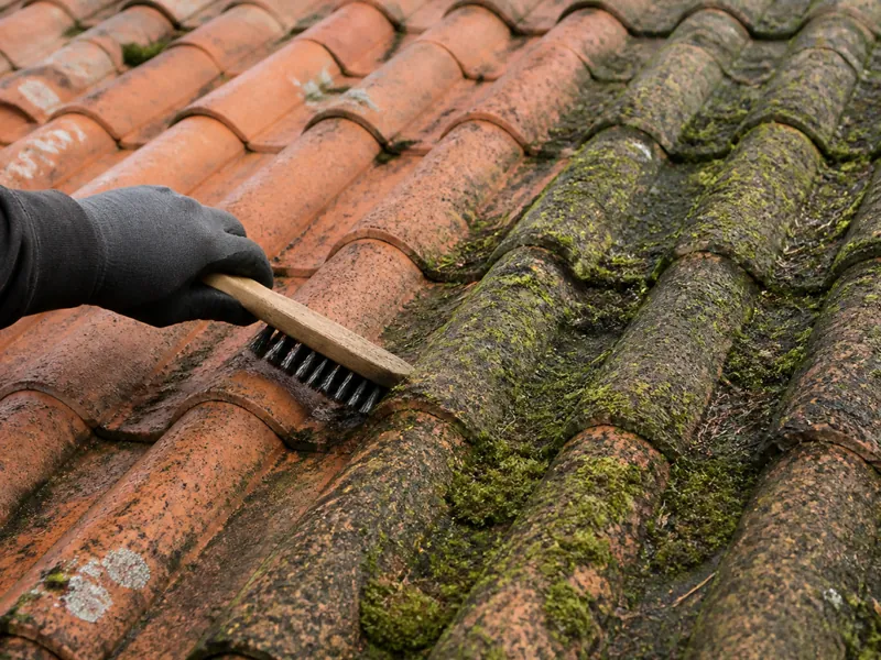 Brossage de la mousse sur des tuiles anciennes