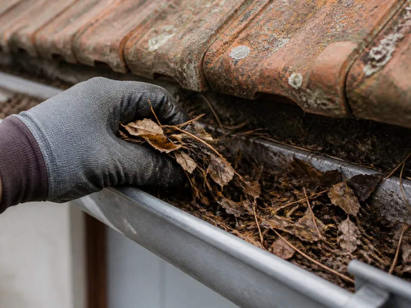 Gouttière remplie d’aiguilles de pin sur une maison en lisière de bois